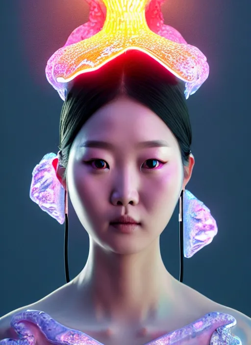 Prompt: 3 d goddess waist shot portrait. beautiful intricate highly detailed korean dokkaebi skull and traditional korean hanbok. elegant stingray, magpie, iridescent, plasma, lava, ice, water, wind, creature, volumetric lighting, twilight forest background, artwork by tooth wu and wlop and beeple and greg rutkowski, 8 k trending on artstation,