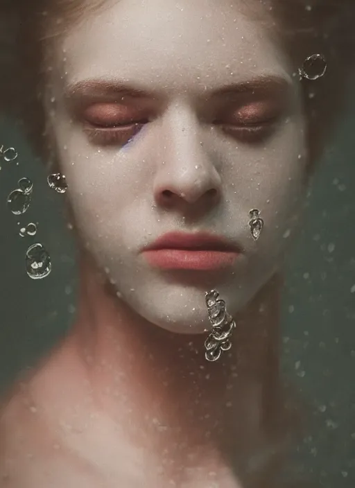 Image similar to Kodak Portra 400, 8K,ARTSTATION, Caroline Gariba, soft light, volumetric lighting, highly detailed, britt marling style 3/4 , extreme Close-up portrait photography of a Dorian Electra hiding in flowers how pre-Raphaelites with his eyes closed,inspired by Ophelia paint, his face is under water Pamukkale, raining, crying face above water in soapy bath tub, hair are intricate with highly detailed realistic , Realistic, Refined, Highly Detailed, interstellar outdoor soft pastel lighting colors scheme, outdoor fine photography, Hyper realistic, photo realistic