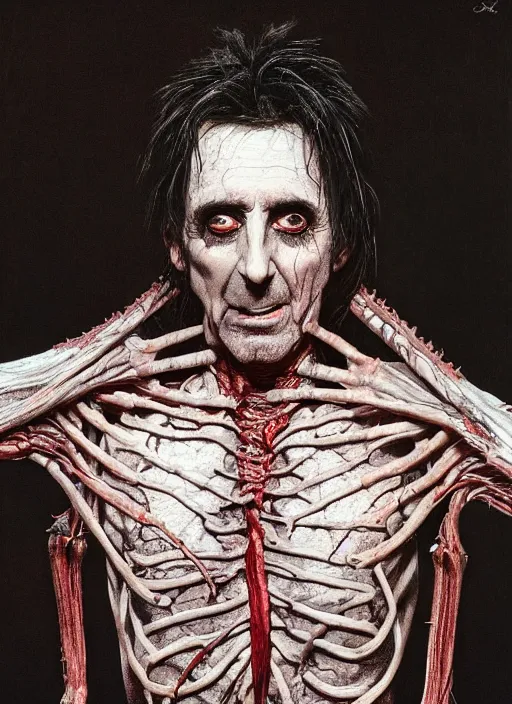 Image similar to portrait of alice cooper with translucent skin, visible muscles and veins and arteries and bones and spines and nerves, beautiful detailed intricate insanely detailed octane render, 8 k artistic photography, photorealistic, chiaroscuro, by david cronenberg, raphael, caravaggio