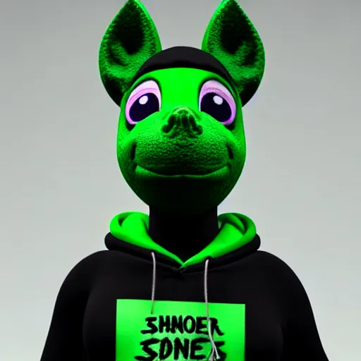 Prompt: a stoner with a black hoodie on with a marijuana themed green pony head from my little pony, 3 d, blender 3 d, render, beautiful