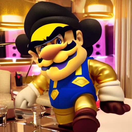 Prompt: cinematic shot of Wario wearing designer clothing and a gold chain in a luxury penthouse at night, 8k, dslr, professional lighting,