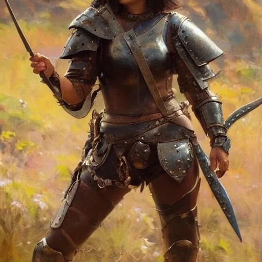 Image similar to close up of dora the explorer wearing leather armor, cinematographic shot, by daniel f. gerhartz