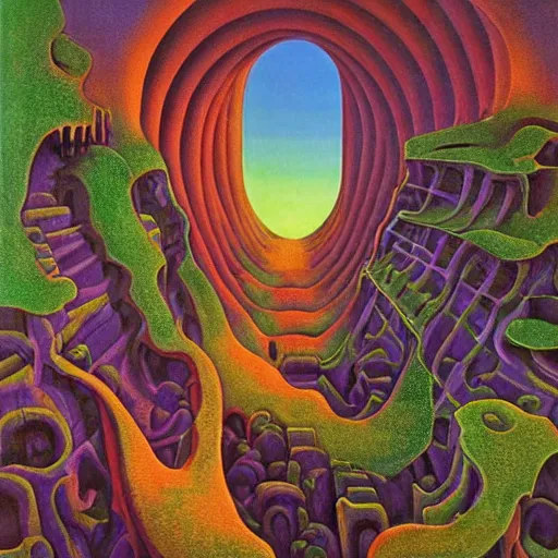 Prompt: new visions of hell, very detailed and colorful, by August Mobius, by Roger Dean, by M.C. Escher, beautiful, eerie, surreal, psychedelic