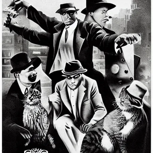 Image similar to 1930's gangster movie starring cats as the gangsters; film noir style; photorealistic cats,