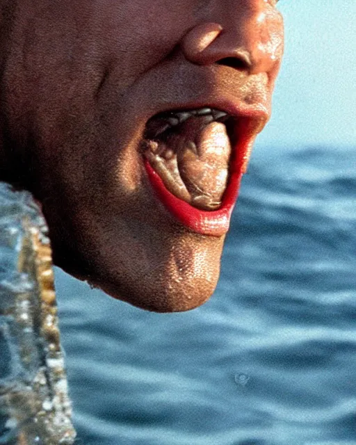 Image similar to film still close up shot of dwayne johnson in the movie jaws. photographic, photography