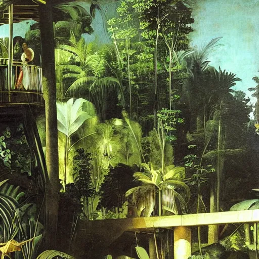 Image similar to a mystic town deep in the jungle, modern architecture, painted by caravaggio