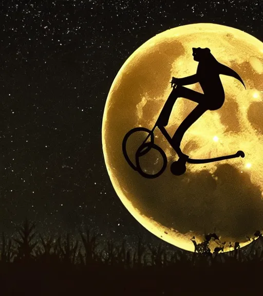 Image similar to a long tailed monkey riding a flying bike across the full moon as silhouette, from the movie e. t. the extra terrestrial, with dark trees in foreground, cinematic frame by steven spielberg, hd