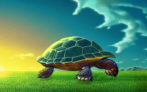 Prompt: a giant turtle in the ocean with grass and a large castle on its shell, sunset, drawn by hayao miyazaki, studio ghibli film, hi res, high detail, 4k