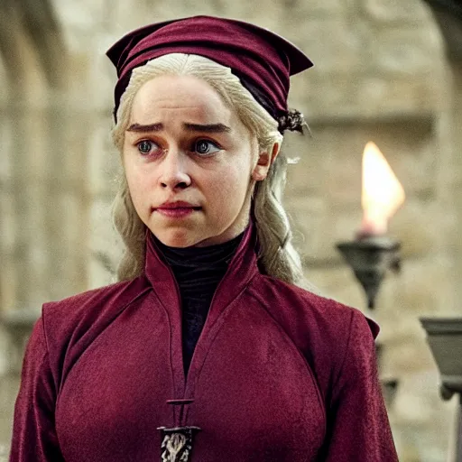 Image similar to Daenerys the Stormborn in the role of Minerva McGonagall in Harry potter, film still