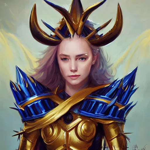 Image similar to painting of a woman in elaborate blue and gold armor with spiked horns on her helmet, painting by Charlie Bowater and WLOP