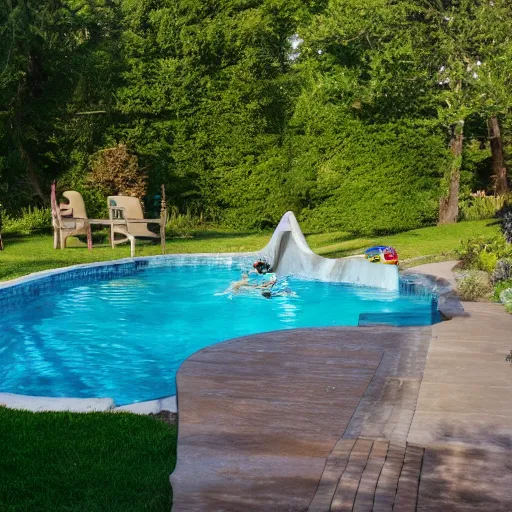 Prompt: a photo of the neighbors backyard with a swimming pool and a mermaid, photo realistic, award winning photo, detailed, 8k, hd