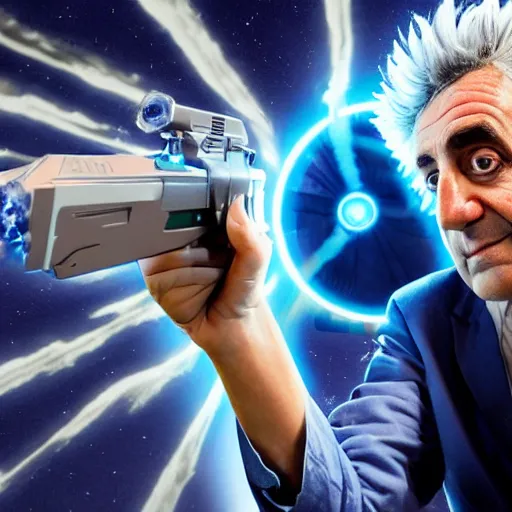 Image similar to Rick Sanchez as a real-life person, studio portrait, real-life-action movie star, holding a portal gun, opening a portal, Rick Sanchez