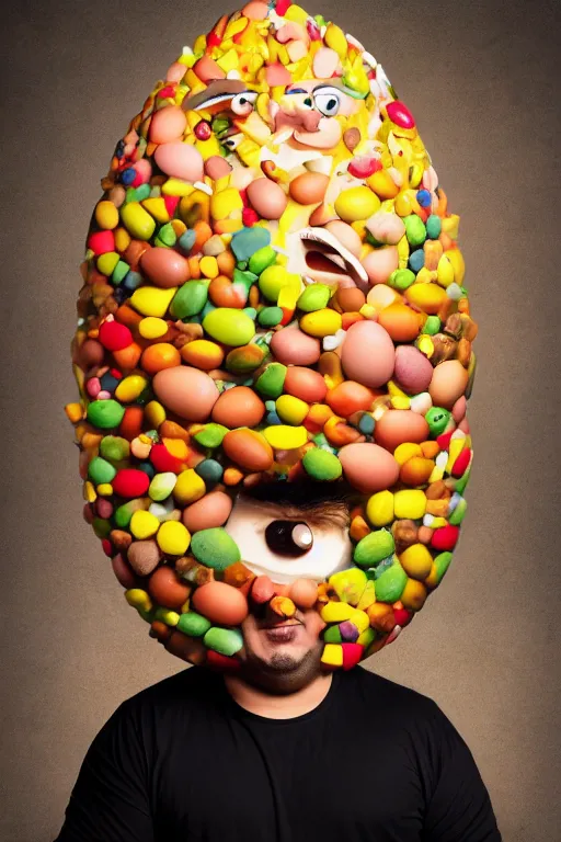 Image similar to 📷 gabriel iglesias comedian the egg 🥚, made of food, head portrait, dynamic lighting, 4 k