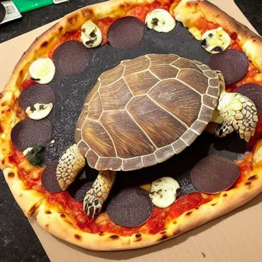 Image similar to turtle with a pizza shell