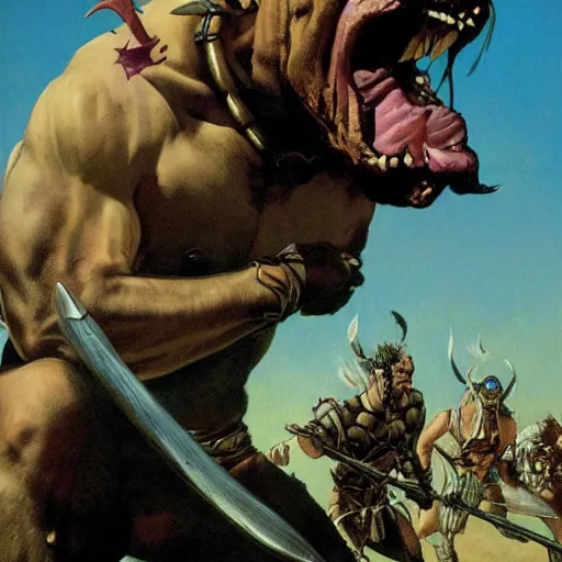 Image similar to grinning pit bull barbarian, fantasy warrior, drooling, ultra detailed, rule of thirds, crispy, super sharp, 4 k, style of norman rockwell, style of richard corben.