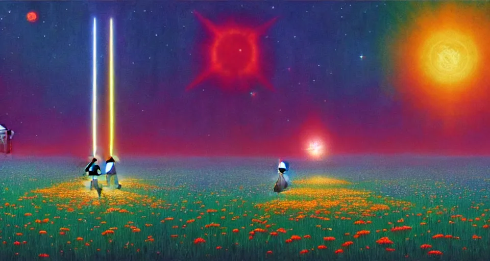 Image similar to a beautiful cinematic view of a large 3 d mystical alien shrine in a field of rainbow colored flowers, underneath a star filled night sky, harold newton, zdzislaw beksinski, donato giancola, warm coloured, gigantic pillars and flowers, maschinen krieger, beeple, star trek, star wars, ilm, atmospheric perspective