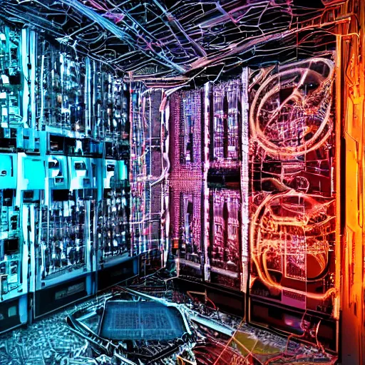 Prompt: diverse groups of humans destroying the supercomputers inside, breaking circuits, smashed, fire, smoke, from behind, rebirth, beauty, wide angle, elaborate, wet, highly detailed, colors, beautiful lighting