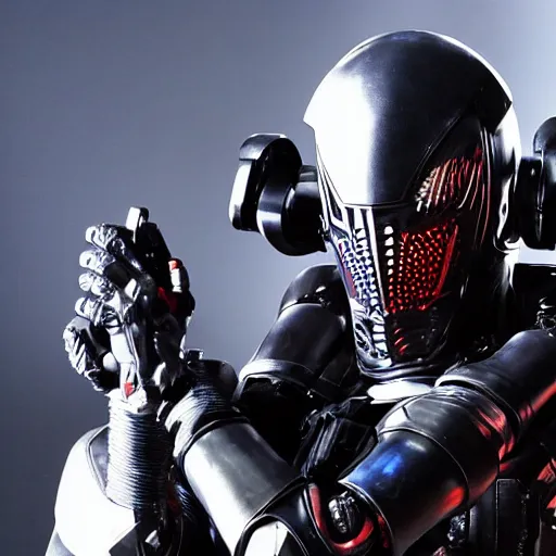 Prompt: eminem wearing a futuristic armored mask with large a large video screen image of eminem where his face should be, and he is wearing black leather exoskeleton mechanical body armor. a mini - gun is attached to the end of a robot arm that mounted on his shoulder - h 6 4 0