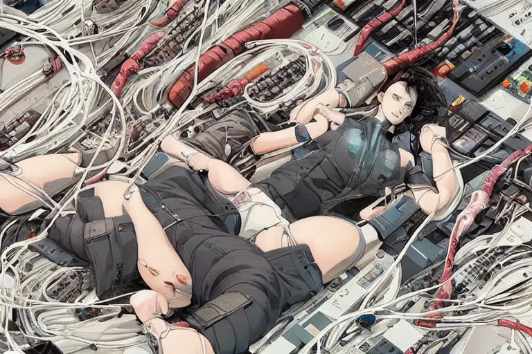 Prompt: a refined cyberpunk illustration of a group of female androids' lying on a white floor with their body parts scattered around and cables and wires coming out, by katsuhiro otomo and masamune shirow, hyper-detailed, colorful, view from above, wide angle, close up