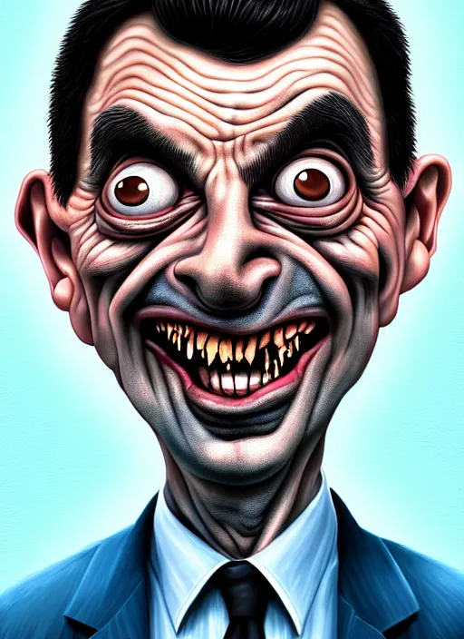 Image similar to highly detailed caricature portrait of damaged zombie mr bean by ross tran, by anato finnstark, brush strokes, 4 k resolution, light blue pastel background