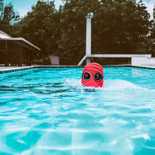 Prompt: villain in ski mask swimming in pool