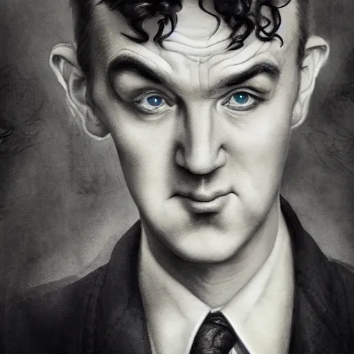 Prompt: stan laurel character portrait, lean face, cinematic lighting, glowing grey eyes, hyper - detailed, 4 k, high resolution, in the style of charlie bowater, tom bagshaw, single face, symmetrical, headshot photograph, insanely detailed and intricate, beautiful, elegant, watercolor, cinematic, portrait, raphaelite, headroom, pierre - auguste renoir