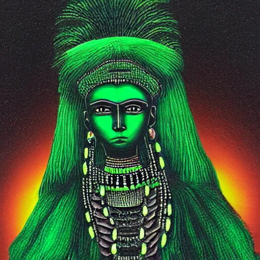 Image similar to professional portrait of a green annunaki woman, creepy, black background, very detailed, very intricate, intimidating,