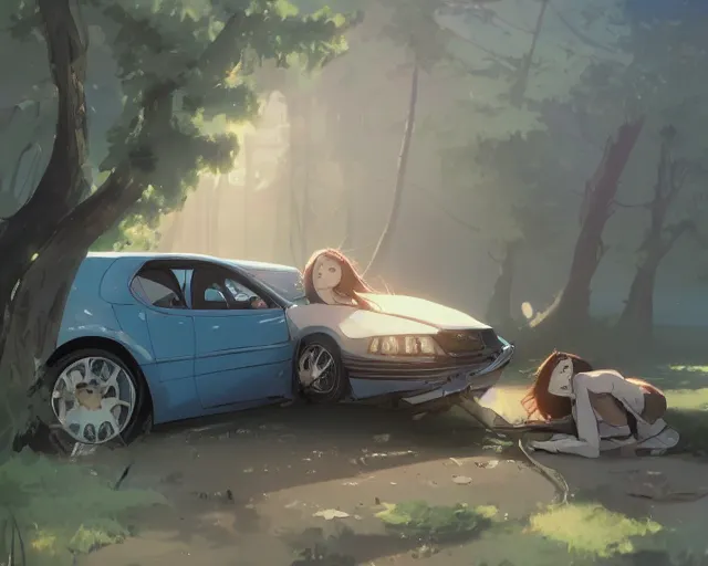 Image similar to a brunnete girl with blue eyes and puffy cheeks lying in a car accident, ambulances around the scene, anime art, Greg Rutkowski, studio ghibli, dramatic lighting