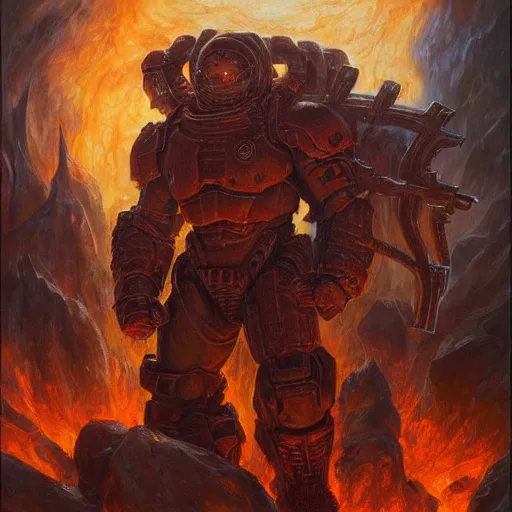 Image similar to The Doomguy fighting demons in hell, full-body character art by Donato Giancola and James Gurney, digital art, trending on artstation