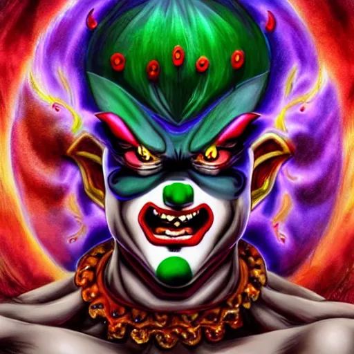 Image similar to 4K headshot of godlike clown with defined arms and open hands and bloody clothes with giant mandala wings , intricate face , flawless anime cel animation by Kentaro Miura, psychedelic , Broly , highly detailed upper body , professionally post-processed , beautiful, scary, symmetry accurate features, epic, octane rendered, anime masterpiece, accurate