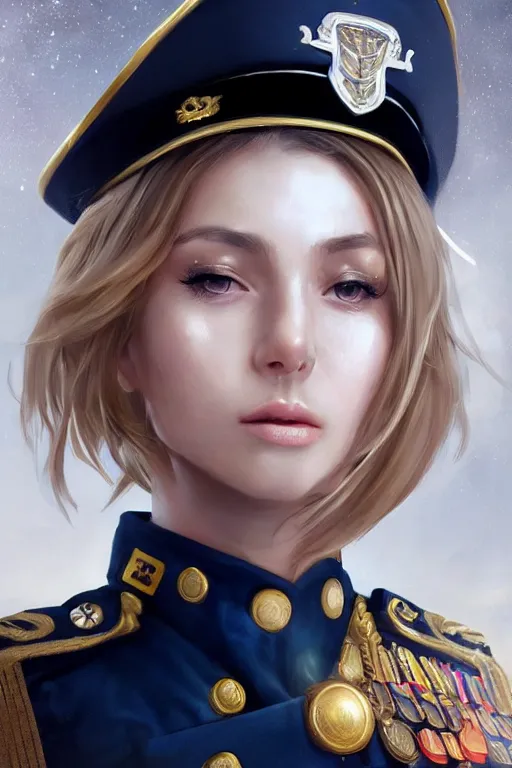 Prompt: beautiful portrait of a female officer wearing a fancy naval uniform, art by wlop and artgerm, science fiction, detailed eyes, blonde hair, space background, artstation, sharp focus, illustration, caustics, octane render, 4 k, radiant light