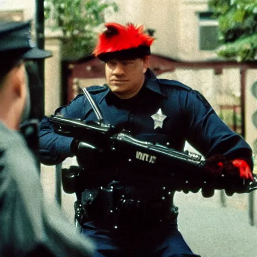 Prompt: film still of elmo as a rough looking cop on the beat trying to take down the bad guys