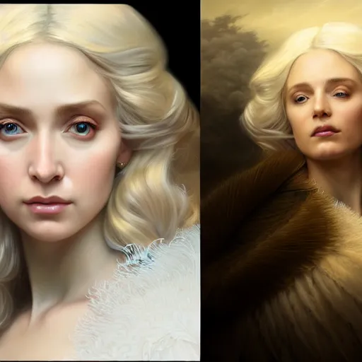 Image similar to portrait painting of a beautiful blonde woman with a kind face wearing a feathered cloak and a fancy silk white dress, ultra realistic, concept art, intricate details, eerie, highly detailed, photorealistic, octane render, 8 k, unreal engine. art by artgerm and greg rutkowski and charlie bowater and magali villeneuve and alphonse mucha