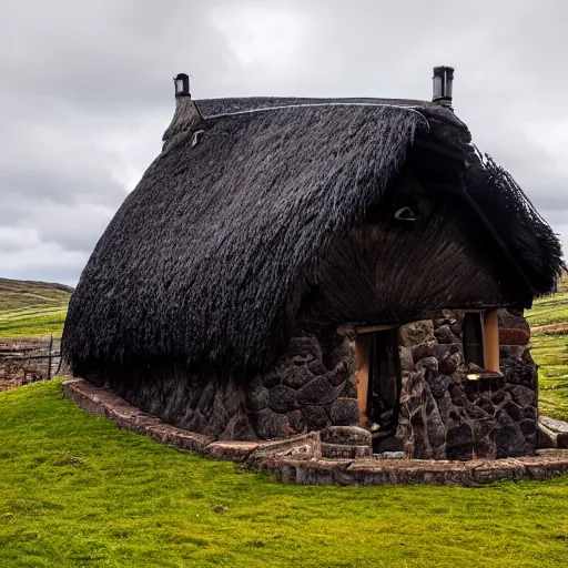 Prompt: scottish blackhouse designed by constantin brodzki., fujinon premista 1 9, 4 5 mm