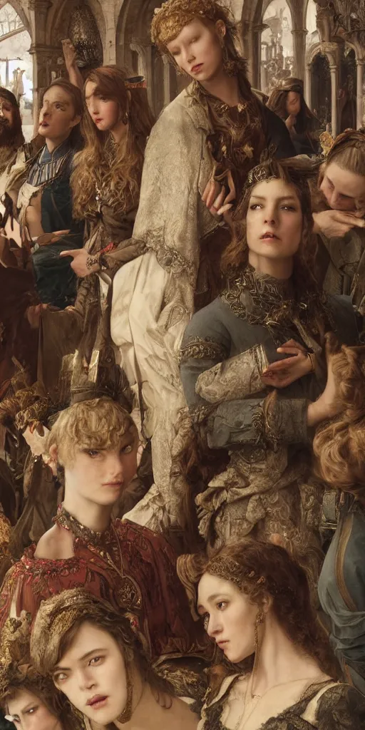 Prompt: gossip girl on a medieval market, masterpiece by Edgar Maxence and Ross Tran and Michael Whelan, gustav dore, 8k, octane render