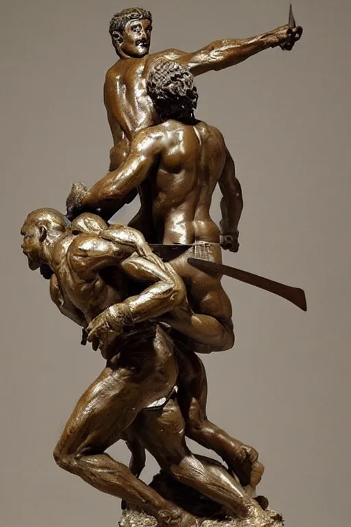 Image similar to a beautiful bronze sculpture of a fighting scene beetwen david and goliath by christophe charbonnel, rust and plaster materials