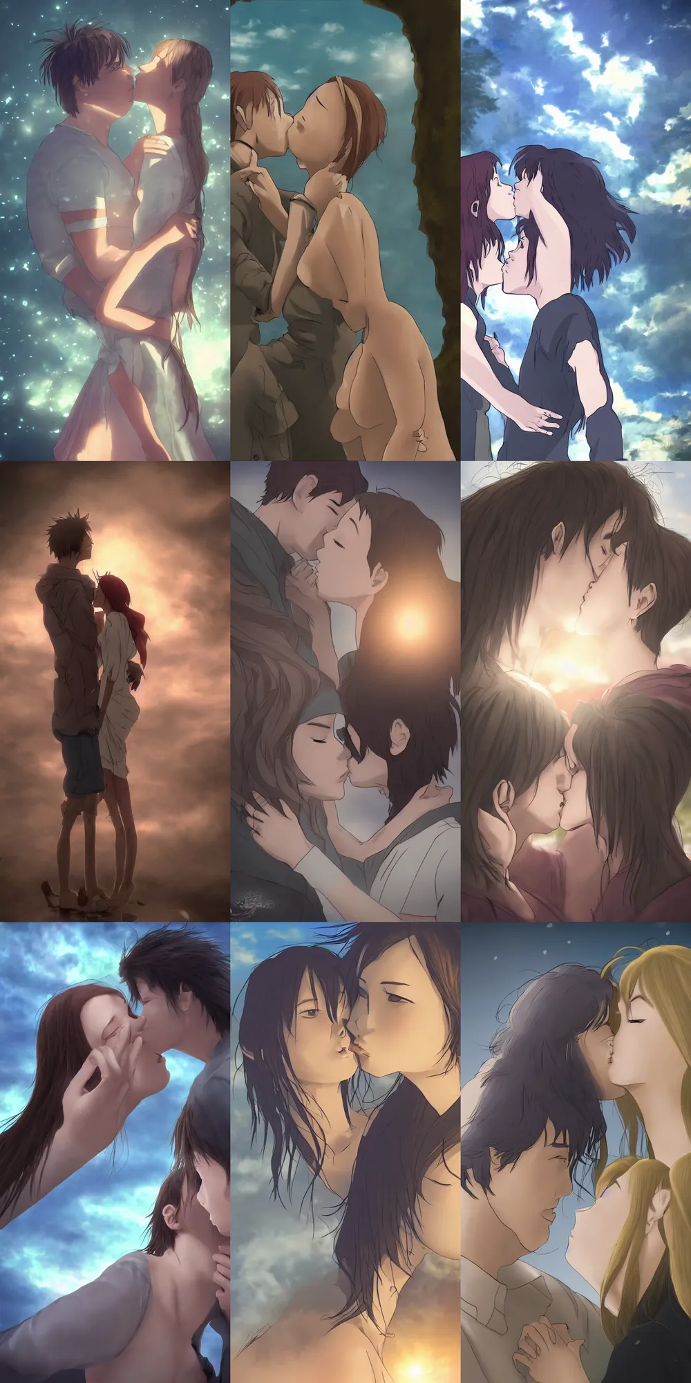 a couple kissing before end of time, anime, toon, soft, Stable Diffusion