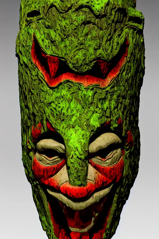 Prompt: terror clownvamp totem made in carved mossy wood, realistic and ultra detailed, texturized, indirect volummetric light, mask effect layer, sharpen and antialiased