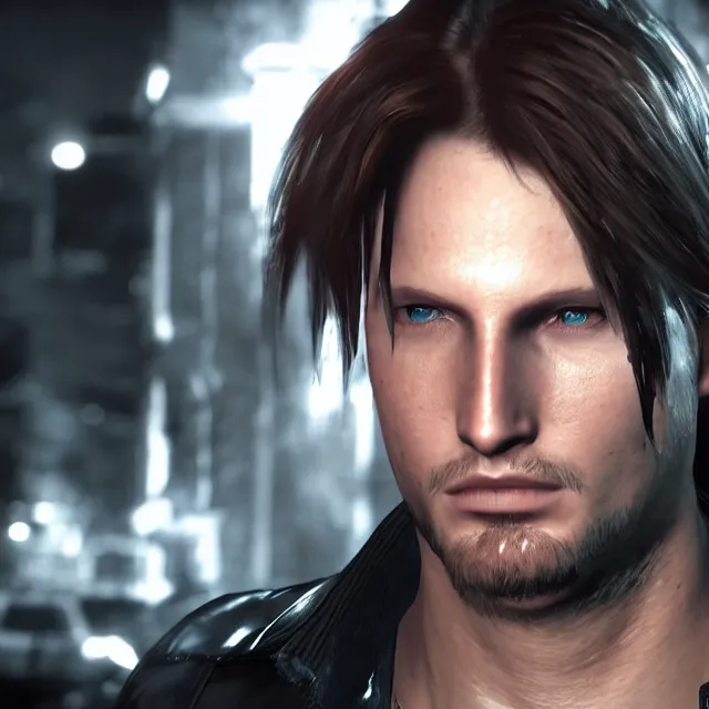 Image similar to Squall Leonhart in Resident Evil 2, unreal engine, dramatic lighting, cinematic