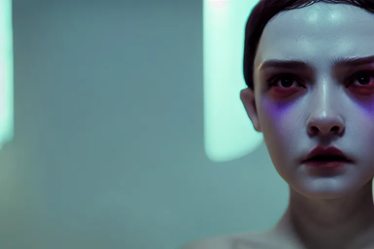 Prompt: vfx film closeup, love death, and robots, flat color profile low - key lighting award winning photography arri alexa cinematography, hyper real photorealistic cinematic beautiful natural skin, famous face, atmospheric cool colorgrade