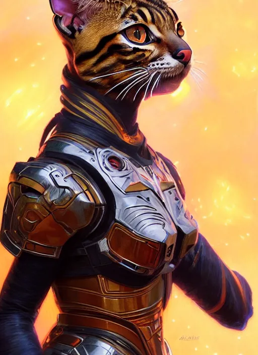 Prompt: full body portrait of a bengal cat in scifi battle armor, rgb led lights! intricate, elegant, highly detailed, digital painting, artstation, concept art, smooth, sharp focus, illustration, art by artgerm and greg rutkowski and alphonse mucha