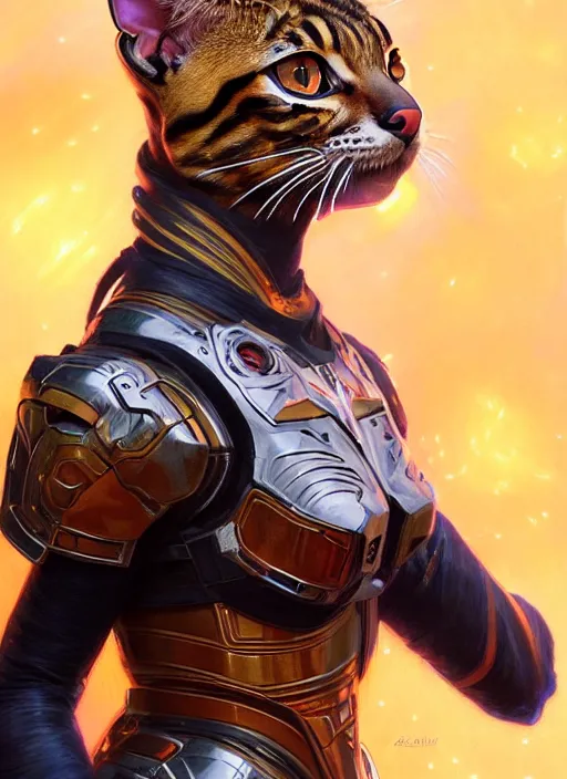 Image similar to full body portrait of a bengal cat in scifi battle armor, rgb led lights! intricate, elegant, highly detailed, digital painting, artstation, concept art, smooth, sharp focus, illustration, art by artgerm and greg rutkowski and alphonse mucha