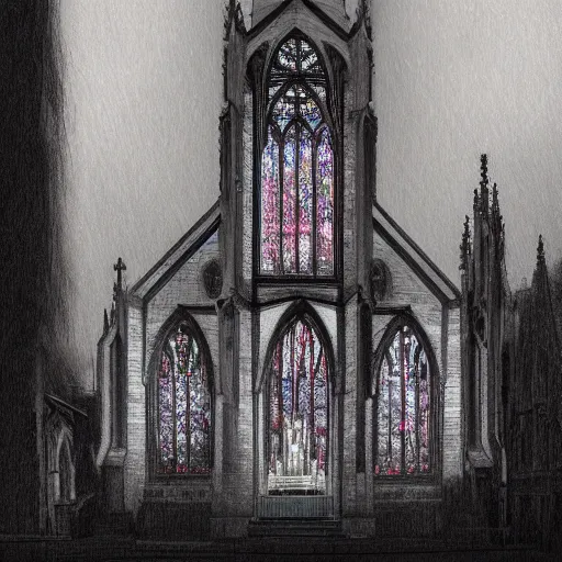 Image similar to victorian church in the middle of the city, dark, misty, at night, 8 k, detailed, concept art, trending on artstation