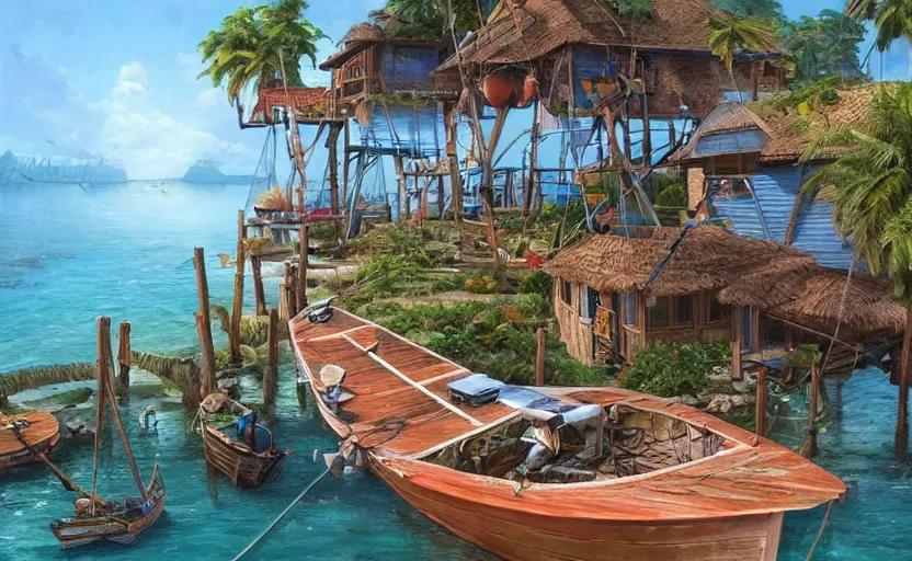 Image similar to a little fisher village on a tropical island, wood pier and houses, nets and boats, house made with boat parts, scenic view, bright day, matte painting by marc simonetti and rhads and donato giancola, trending on artstation