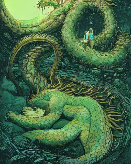 Image similar to a giant slumbering sleeping green dragon, digital art, illustrated by james gurney and victo ngai