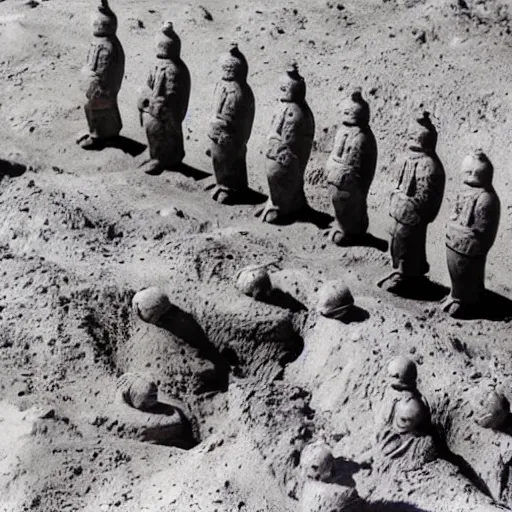 Image similar to full - color 1 9 7 2 photo of dozens of terra - cotta warrior sculptures being excavated from a buried ancient alien temple on the moon by archaeologists wearing space - suits at a dig - site. high - quality professional journalistic photography from time magazine.