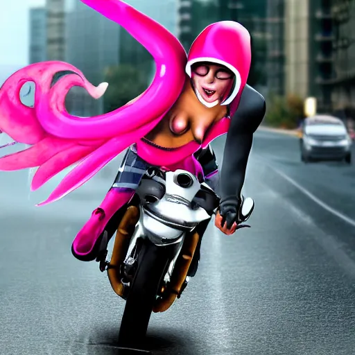 Prompt: hyper realistic, photo, humanoid pink female Squid girl, riding a motorcycle, popping wheelie fast in the rainy city traffic