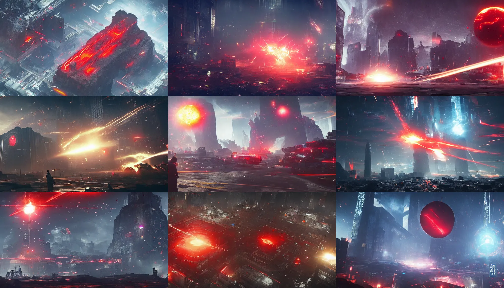 Image similar to a huge towering and broken stone tablet with red light + alien pattern, stands in the center of a prosperous city at the end of the world, and the power and energy is explode, secret, mysterious, doomsday, landscape, video game control, quantum break, arknights,