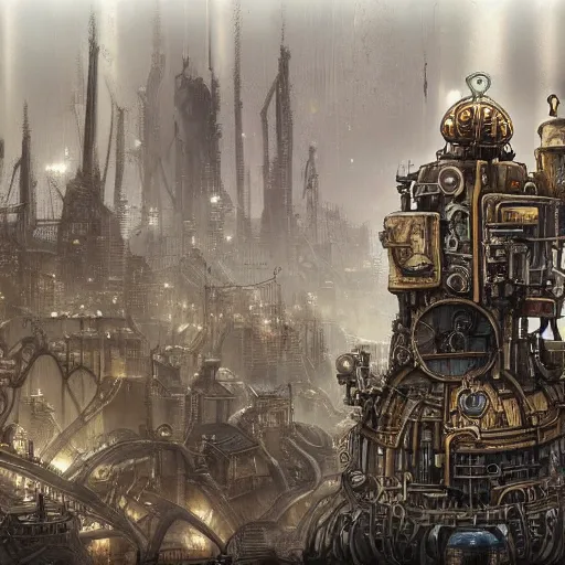 Image similar to robot city, steampunk art, fantasy style, super high detail, super high quality, talented artist, trending on artstation, machinarium