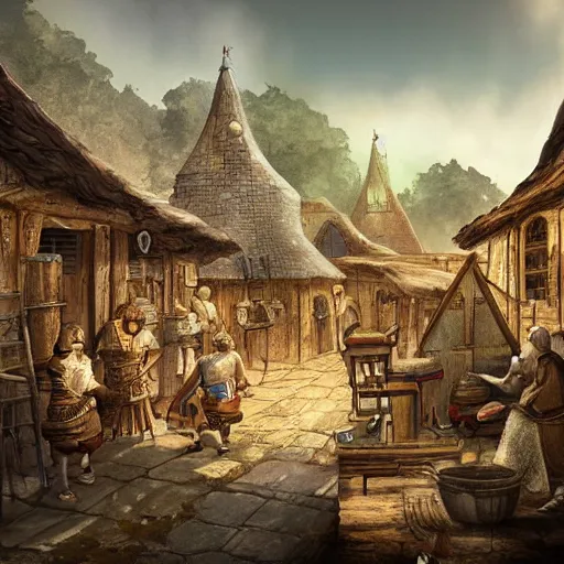 Image similar to medieval township with various workers performing different crafts, homes blacksmiths and smoked chimneys, epic, cinematic, high quality digital art, fantasy